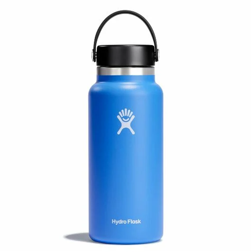 Hydro Flask 32 oz Wide Mouth water bottle in blue, stainless steel, double-wall vacuum insulated for hot and cold drinks.